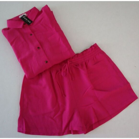Ekouaer Womens Sz XL Hot Pink  2-Pc L/S Button Down Drawstring Shorts Lounge Set - Picture 5 of 7